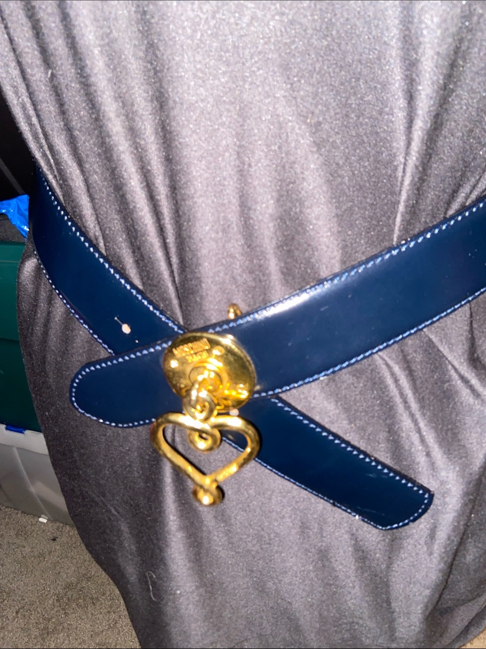 Gold-Tone Heart Lock Navy Leather Belt